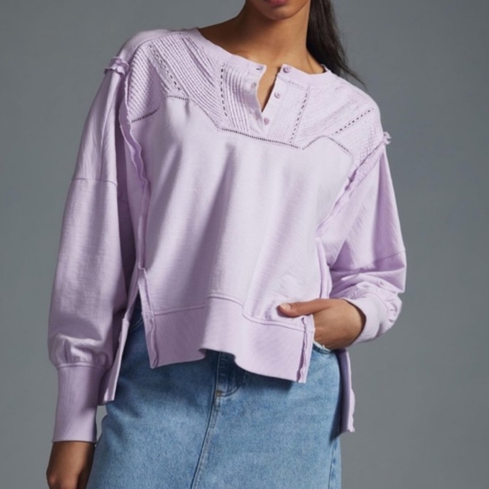 Pilcro Pintuck Lavender Button Lace Sweatshirt